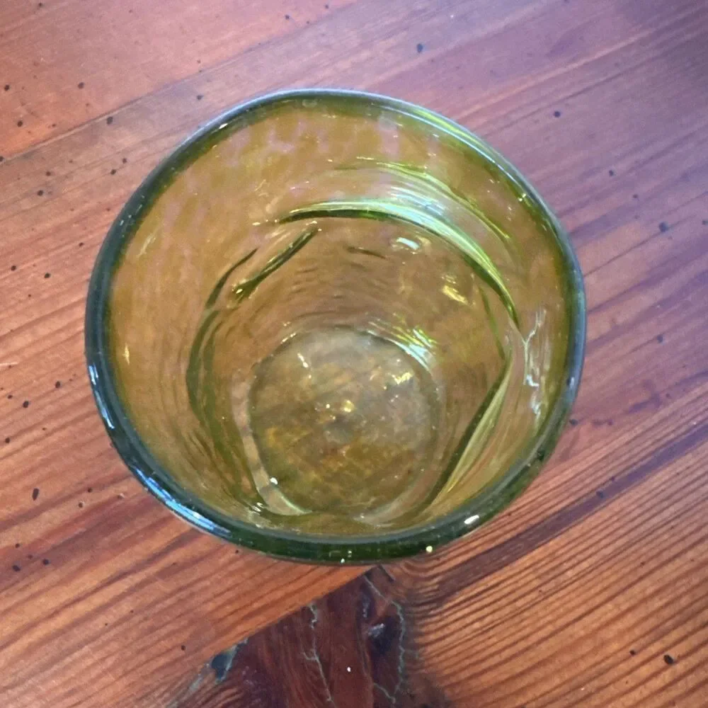 Hand Blown Art Glass Tumbler Yellow Spots Organic Pinched Shape 5” Tall Thick